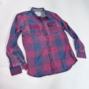 On The Byas Shirt Mens Large Red Blue Plaid Twill Long Sleeve Button Up Casual
